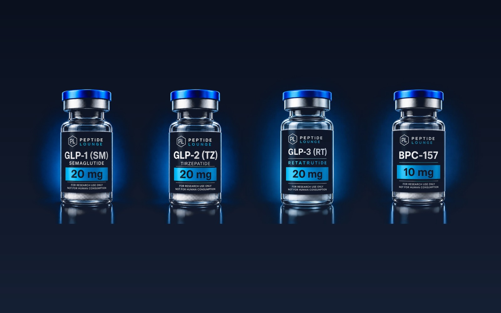 Illustrative laboratory imagery of assorted Peptide Lounge research compound vials